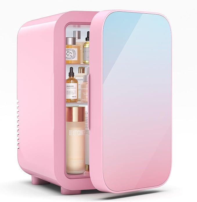 Mini Fridge,6 Liter/8 Can New Upgraded Skincare Fridge,110V AC/DC Portable Thermoelectric Cooler & Warmer for Skin Care, Cosmetics, Beverage, Food,Great for Bedroom,Office,Dorm(Pink)