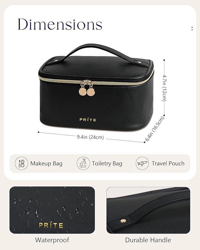 Prite Makeup Bag, Large Capacity Portable Travel Cosmetic Bag, Waterproof Makeup Organizer for Women with Handle and Divider (001 Black)