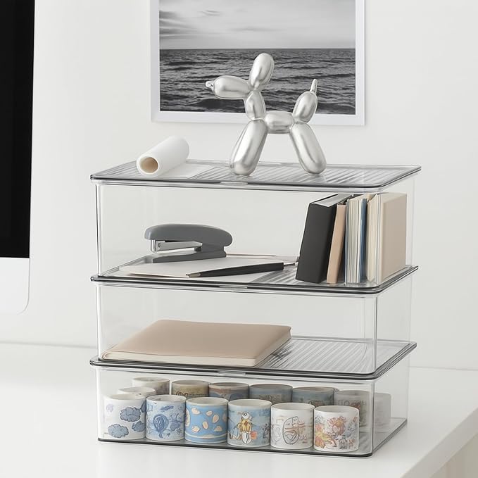 ZENFUN Set of 3 Small Stackable Storage Bins with Hinged Lid, Acrylic Organizer Box, Clear Makeup Organizer Box, Cosmetic Case for Home, Office