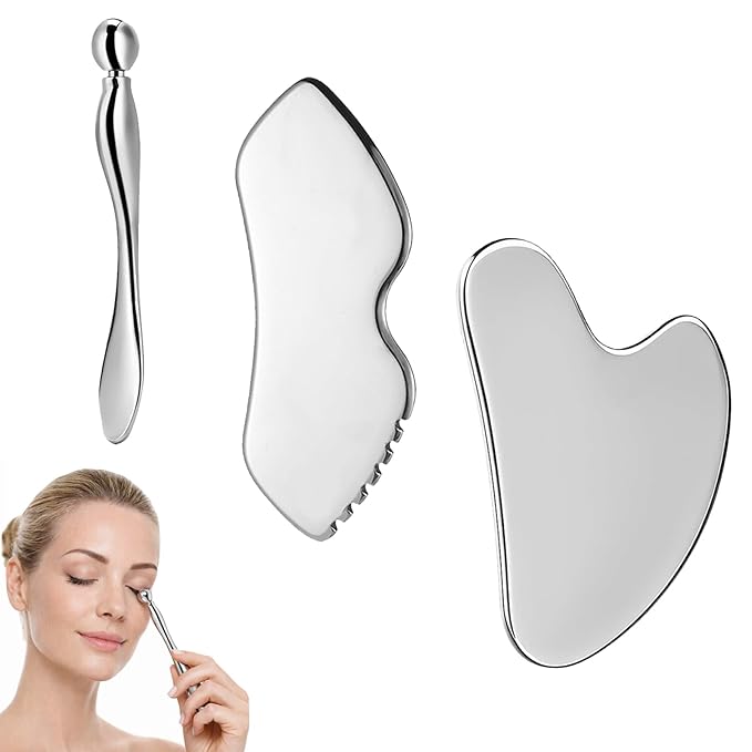 3 Pcs Stainless Steel Gua Sha Facial Tools & Eye Cream Applicator Metal Guasha Set For Face Body,Gua Sha Facial Tools,Stainless Steel Gua Sha,Metal Gua Sha For Face Sculpting, Metal Gua Sha Skin Care