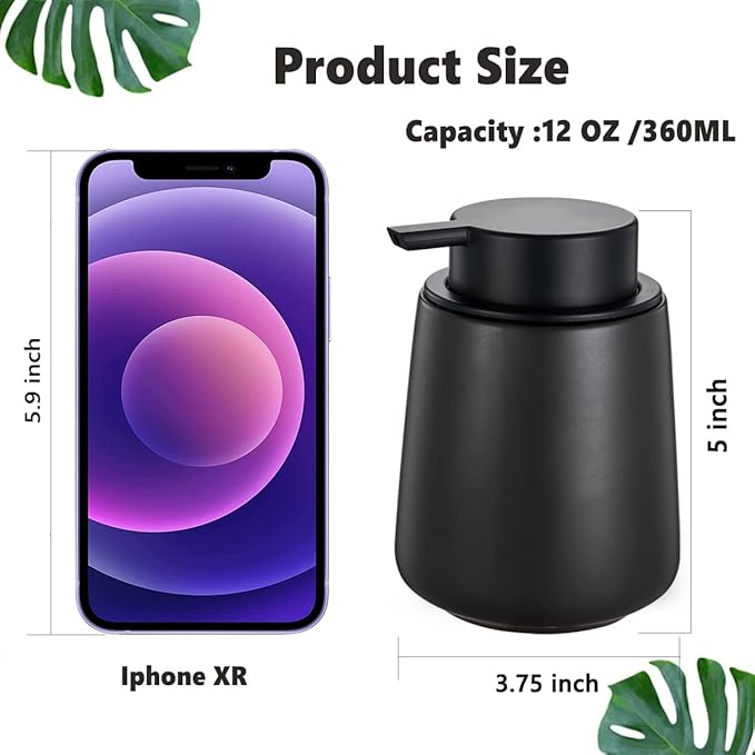 12Oz Black Foaming Soap Dispenser - Ceramic Foam Hand Soap Dispenser Set with Easy-to-Press Pump, Refillable Liquid Dish Soap Dispensers for Bathroom and Kitchen, 2 Pack