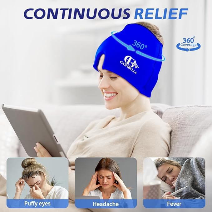 Migraine Relief Cap, Soothing Headache Ice Face Mask Products, Hot and Cold Therapy, Migraine Headache Relief Cap for Migraine, Sinus, Puffy Eyes, Tension, Stress and Hangover(Blue)