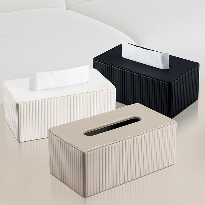 KINGFOM PU Leather Tissue Box Cover Rectangular Tissue Box Holder with Magnetic Bottom, Napkin & Facial Tissue Holder Dispenser for Home, Office for Standard 120-count/160-count (2-Ply) Beige Stripe