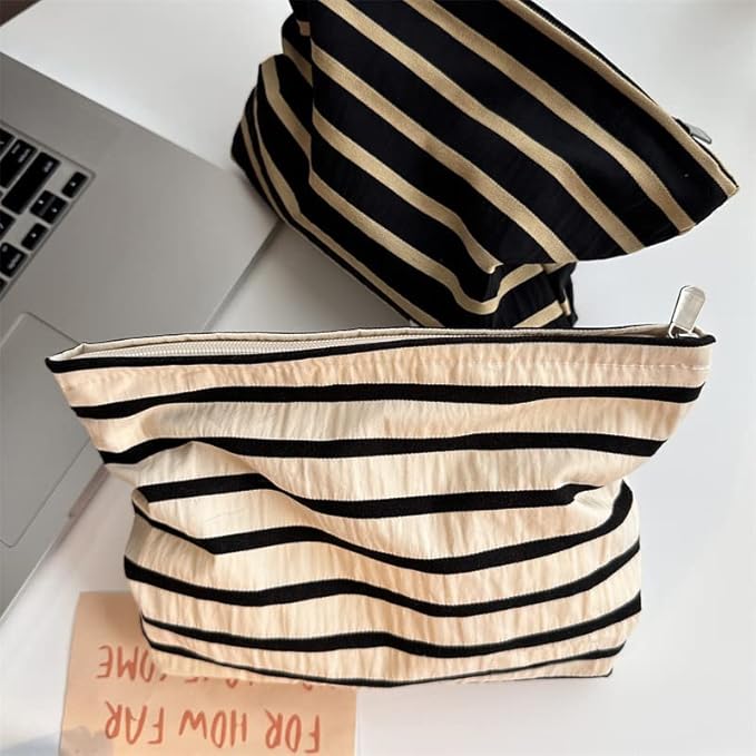 PAZIMIIK Floral Makeup Bag Large Cotton Zipper Pouch for Purse Travel Canvas Make Up Organizer for Women Cosmetic,Stripe Black