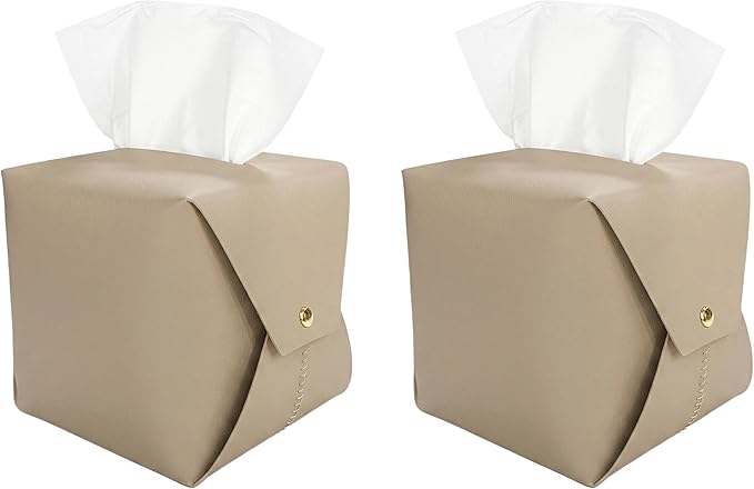 Tissue Box Cover Square, Leather Tissue Holder Organizer with Side Snap for Bathroom, Vanity, Tabletop, Office (2Pack-Light Taupe)