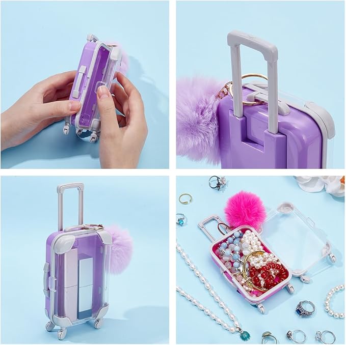 6Pcs Mini Suitcase Box Empty Candy Boxes Small Tiny Plastic Cosmetic Luggage Colorful Plush Fur Ball Keychain Reusable Gift Holder Storage Case for Eyelashes Candy Makeup False Lash Travel
