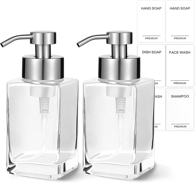 Foaming Soap Dispenser, 12oz/350ml Glass Foaming Hand Soap Dispenser Set,Refillable Foam Dispenser with Foaming Pump, Labels, Square Hand Dispenser for Bathroom, Kitchen 2 Pack
