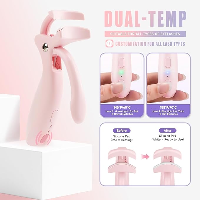Pinkiou Heated Eyelash Curler for Women 10s Fast Heating Electric Lash Curler with 2 Temp Modes & Skin-Friendly Silicone Pad, USB-C Rechargeable Portable Eye Lash Curler for Long Lasting Natural Curls