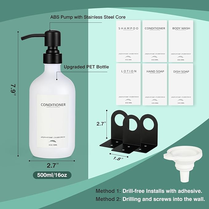 Shampoo Dispenser for Shower Wall Mount, No Drill Shampoo and Conditioner Dispenser with Matte Pump and Waterproof Labels, Shower Soap Dispenser Wall Mounted for Home Bathroom - White