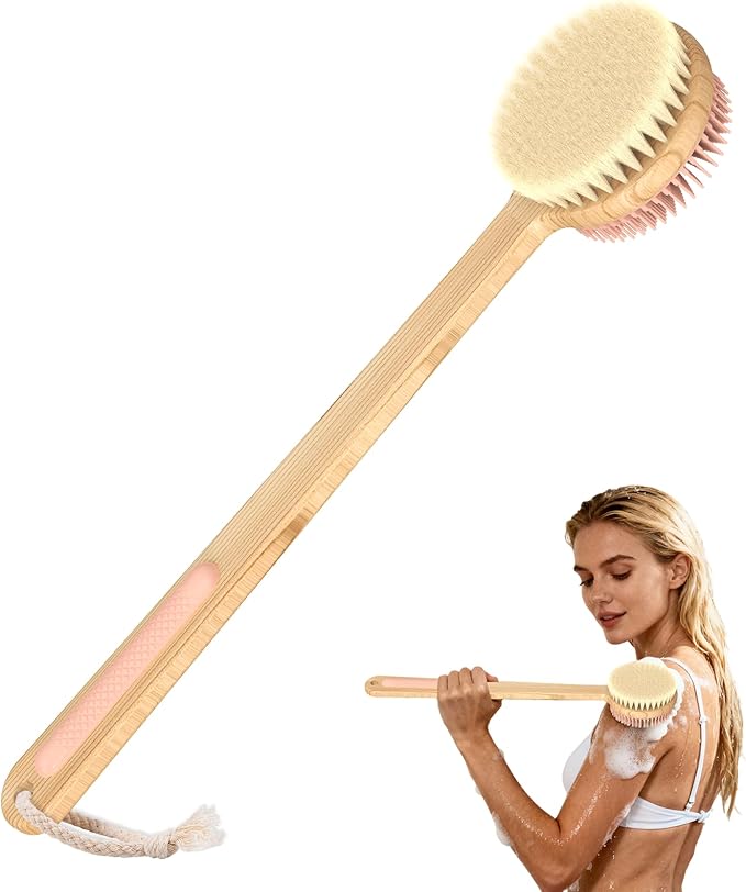 Back Scrubber for Shower - Double-Sided Silicone and Super-Dense Bristles for Deep Cleaning & Exfoliation, Bamboo Long Handle with Wider Anti-Slip Grip, Body Exfoliator for Wet or Dry Brushing