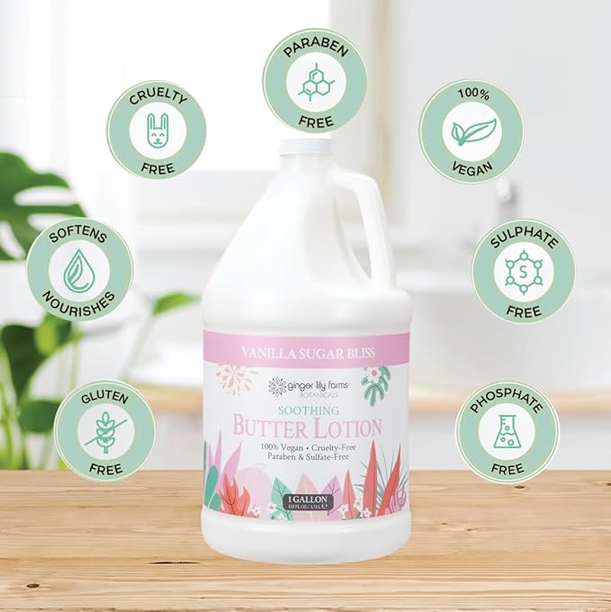 Ginger Lily Farms Botanicals Soothing Butter Lotion for Dry Skin, 100% Vegan & Cruelty-Free, Vanilla Sugar Bliss Scent, 1 Gallon (Pack of 4)