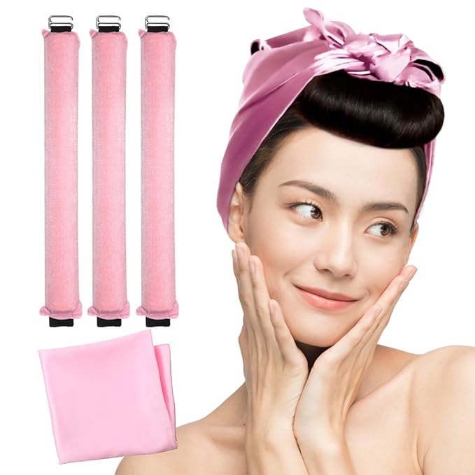 Heatless Curling Rod, 1 Pink 3Pcs, Flexi Rod for All Hair Types, Easy to Use Sleep Curling Ribbon with Hook, Curl Styling Kit for Overnight Hair Curl, Ideal for Travel, Great Gift