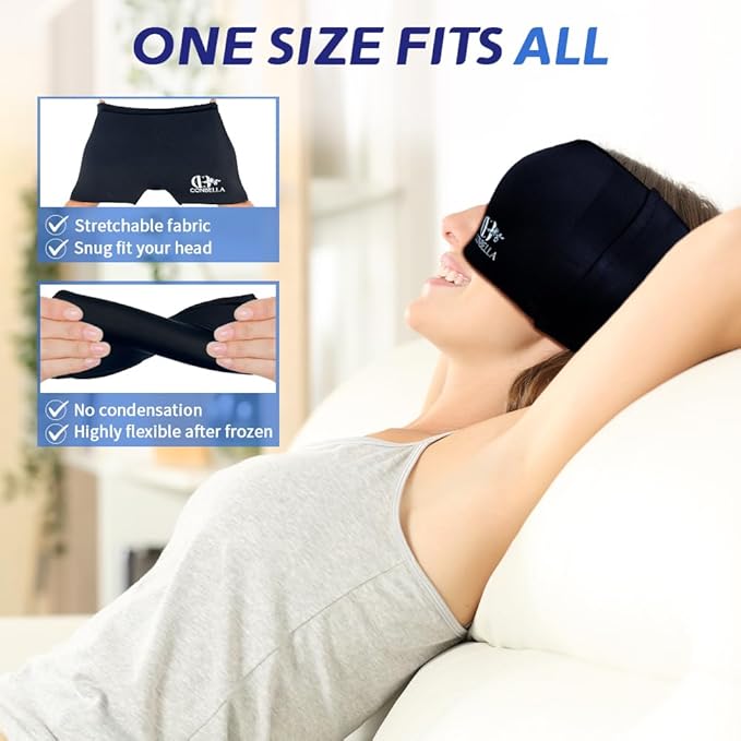 Migraine Relief Cap, Soothing Headache Ice Face Mask Products, Hot and Cold Therapy, Migraine Headache Relief Cap for Migraine, Sinus, Puffy Eyes, Tension, Stress and Hangover(Black)