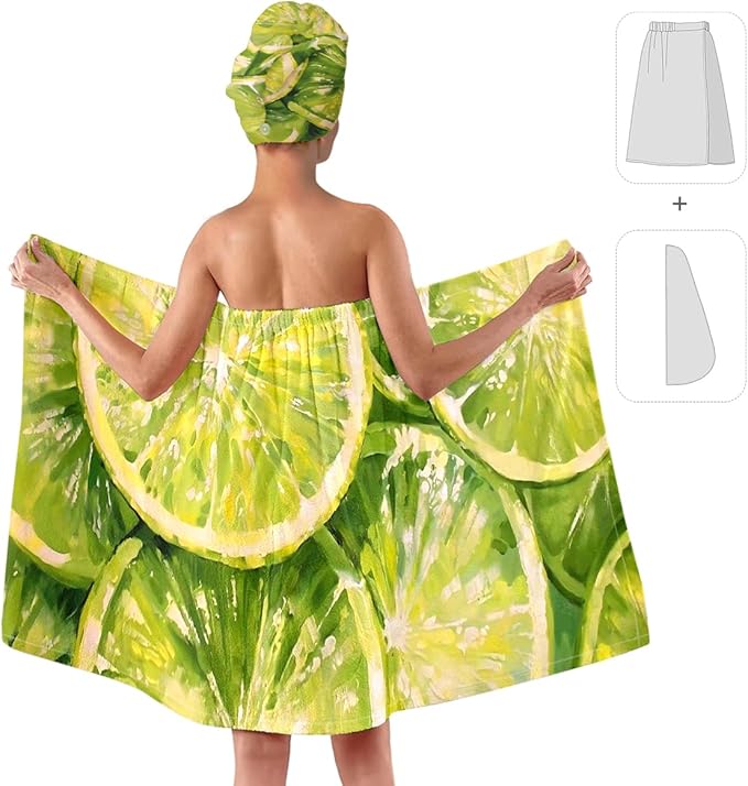 Women’s Citrus Bath Skirt and Hair Towel Wrap Set, Lightweight Absorbent Quick-Dry Shower Body Wrap with Elastic Closure, Soft Microfiber Spa Toweling Outfit for Bathroom, Gym & Travel (Citrus 4)
