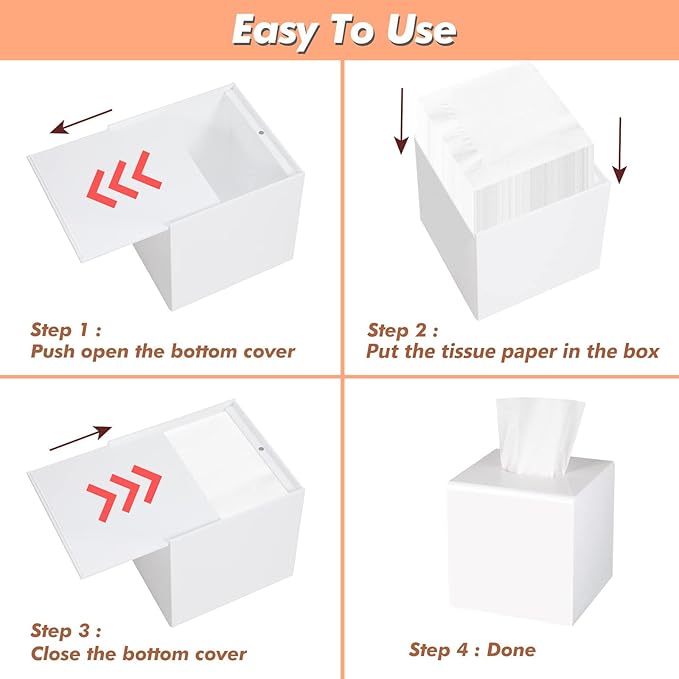 Kamehame Tissue Box Cover Square Acrylic Tissue Holder 5.25x5.25x5.5 Inch White Dryer Sheet Holder Container Tissue Dispenser for Home Bathroom Kitchen and Office