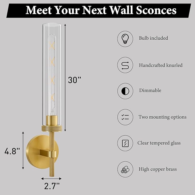 Brass Knurled Tube Wall Sconce - Set of 2 Luxury Modern Glass Sconces with Bulbs - Gold Dimmable Indoor Lighting - Vertical Mounted Light Fixture for Vanity Mirror Bathroom Bedroom Living Room Hallway