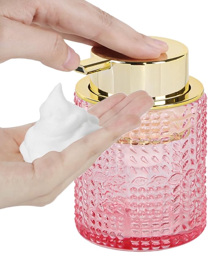 Glass Foaming Soap Dispenser,10oz Refillable Bathroom Foam Hand Soap Dispenser for Bathroom Countertop Kitchen (1, Pink)