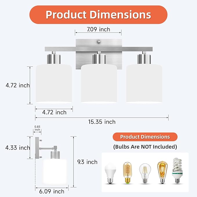 CANMEIJIA 3-Light Bathroom Vanity Light Fixtures with Brushed Nickel, Modern Vanity Lighting for Bedroom Living Room, Vanity Lights with Milky White Glass Shades, E26 Socket, Bulbs Not Included