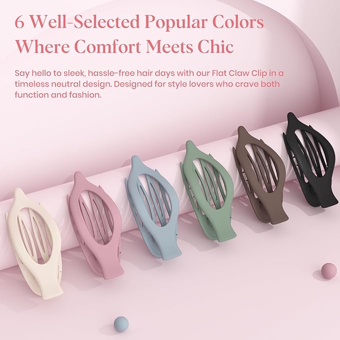 6 PCS Large Flat Hair Clips for Women Girls, French Concord Lay Down Flat Claw Clips for Thick Thin Hair, Comfortable Curved Hair Clip, Matte Non-slip Strong Hold Hair Accessories, Colorful