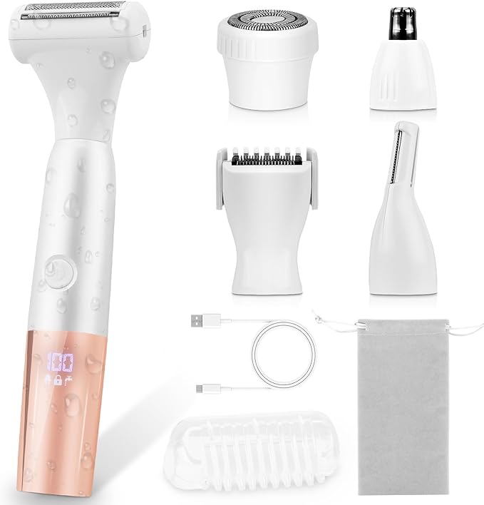 5-in-1 Bikini Trimmer Electric Razors for Women, Cordless Electric Shaver with LCD Display for Facial Body Legs Hair, Rechargeable Waterproof Pubic Body Hair Trimmer Holiday Birthday Gifts for Women