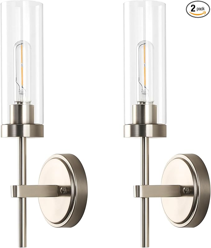 WILON Bathroom Wall Sconces Set of 2, Brushed Nickel Vanity Lights for Bathroom, Indoor Wall Light Fixtures with Clear Glass Shades, Wall Lamp for Mirror Bedroom Living Room Bedside Hallway