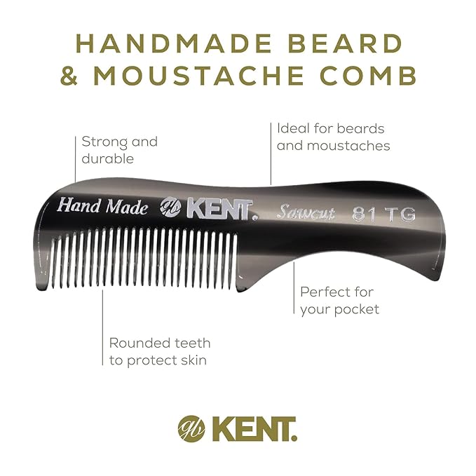 Kent A 81T Black Graphite X-Small Gentleman's Beard and Mustache Pocket Comb, Fine Toothed for Grooming and Styling. Saw-cut of Cellulose Acetate, Hand Polished. Hand-Made in England