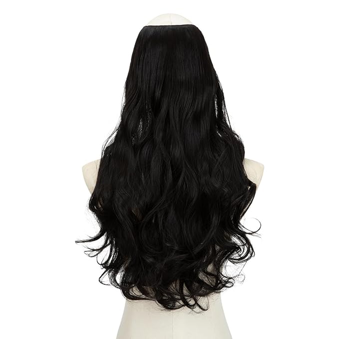 SARLA Clip in U Part Hair Extensions Synthetic Long Wavy Curly Thick Full Head Hairpiece for Women Off Black 24 Inch