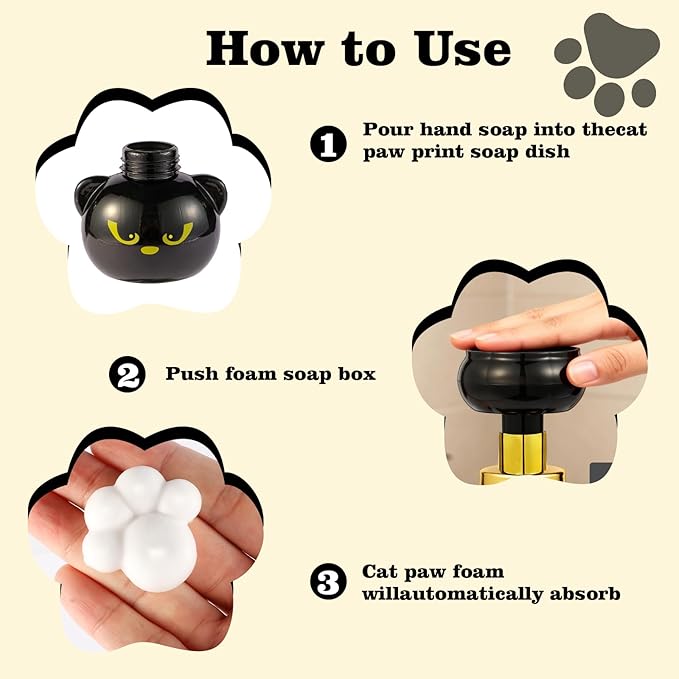 Cute Cat Paw Foam Soap Dispenser, Black Kitty Foaming Pump Bottle Creates Paw-Shaped Foam, Refillable Eco-Friendly Hand Soap Dispenser for Home, Salon, and Bathroom - BPA Free