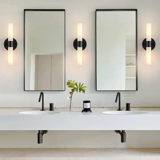 Wall Sconces Set of Two Matte Black Bathroom Wall Sconce Light Set of 2 Modern Wall Light Fixtures Metal Sconces Wall Lighting with White Glass Shade Wall Mounted Lamp for Living Room