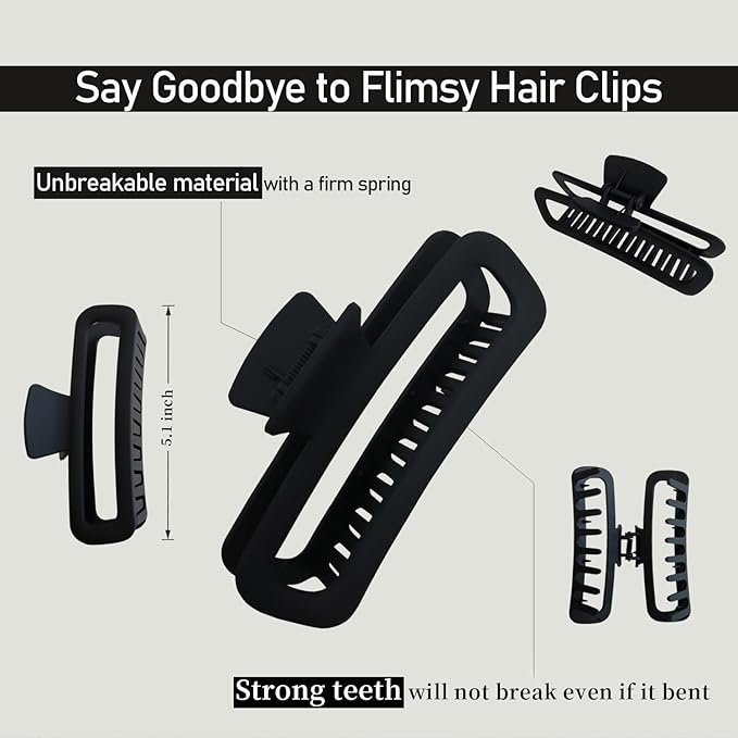 Hair Claw Clips 5 Inch Unbreakable Black XL Large Square Rectangle Clip Clamp for Thick Curly Long Hair Women - 2 Pack