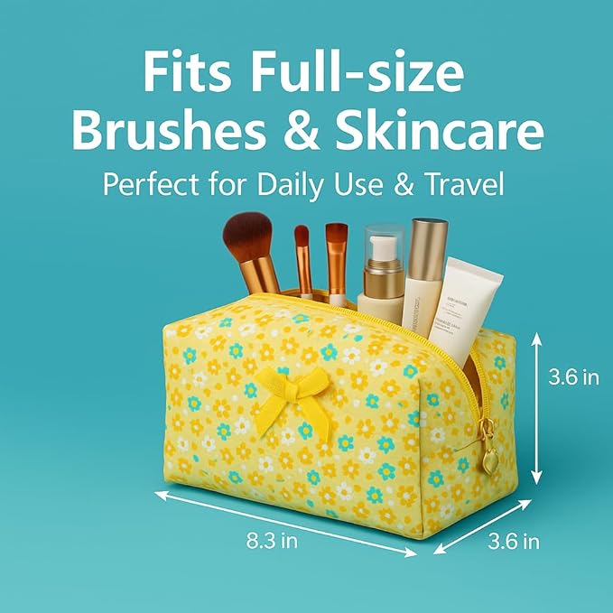 Floral Quilted Cotton Makeup Bag for Women, Large Capacity Travel Cosmetic Pouch with Zipper, Cute Toiletry & Brush Organizer, Kawaii Makeup Storage Case – Yellow Sun Flower