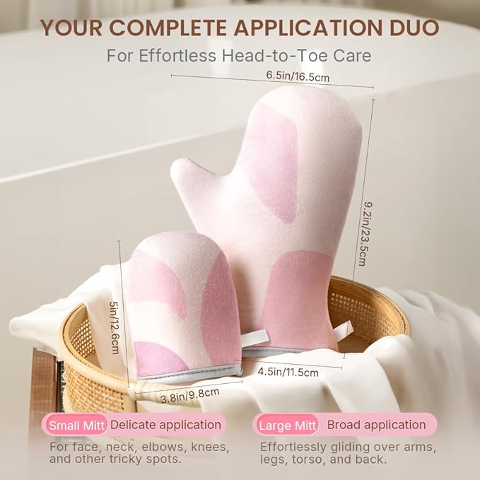 Lotion Applicator & Self Tanning Mitt - Short-Pile, Reusable, Durable, No Absorption, Anti-Sliding Glove for Even, Waste-Free Application of Lotions, Oils & Creams (Pink Purple Set)