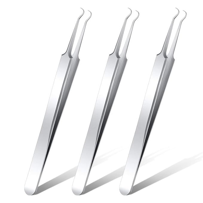 Honoson 3 Pcs Blackhead Tweezer Stainless Steel Pimple Tweezers Extractor Tool for Remove Zit Whitehead Pimple Bend Curved Tweezer Skin Blackhead Remover Tools(Silver)