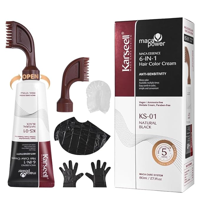 Karseell Hair Dye with Comb Applicator, Maca essence 6-IN-1 Ammonia Free No Mix Hair Color for 100 Percent Gray Coverage Hair Dye, 80ml-Black