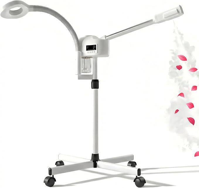 Facial Steamer Professional, Facial Steamer with Magnifying Lamp for Esthetician, 2 in 1 Ozone Steamer for Face, Face Steamer for Facial Deep Cleaning, White.