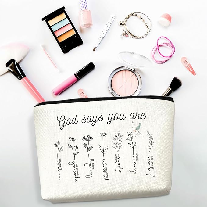 God Says You Are Cosmetic Bag,Christian Inspirational Makeup Bag- Bible Verse Floral Cosmetic Pouch with Faith Affirmations,Durable Canvas Travel Toiletry Organizer,Sister Gifts,Affirmations Gifts