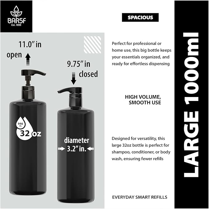 Bar5F 1-Liter BPA-Free Black Pump Bottles – Refillable PET Plastic Dispensers for Shampoo, Conditioner & Body Wash with UV Shield Gloss Finish, Heavy-Duty 3-Pack
