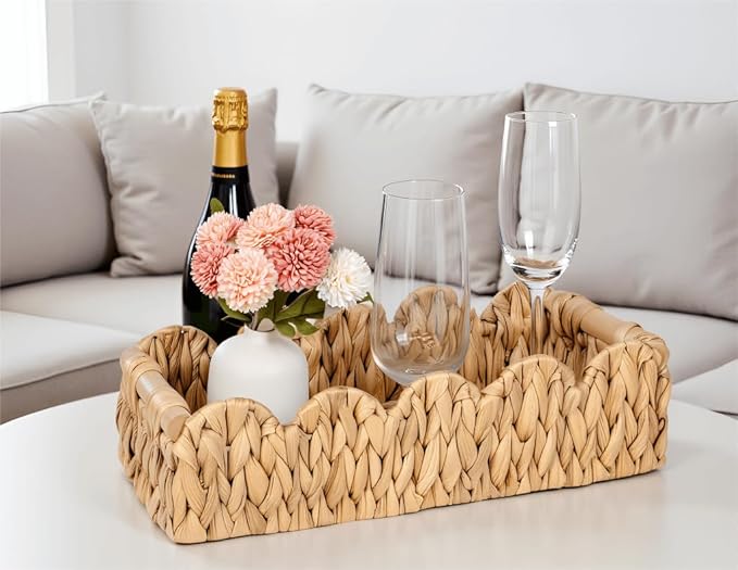 Wicker Bathroom Basket Tray Organizer w/Scalloped for Toilet Paper, Small Rattan Decorative Basket for Bathroom Decor, Farmhouse Home Decor, Living Room and More, Natural Water Hyacinth