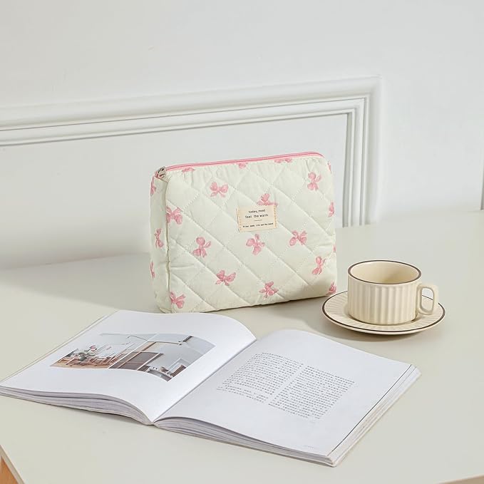 uekeboag 3Pcs Quilted Cotton Makeup Bag,Coquette Quilted Toiletry Bag for Women and Girls,Floral Coquette Pouch,Cute Kawaii Travel Cosmetic Bags(3Pcs Little Pink Bow)