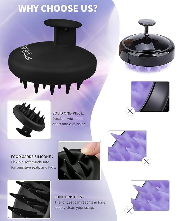 BEAUTLOHAS Silicone Scalp Massager Shampoo Brush, Shower Scrubber with Soft Bristles, Hair Growth & Dandruff Treatment, Wet/Dry Hair Massager for All Hair Types (Black)