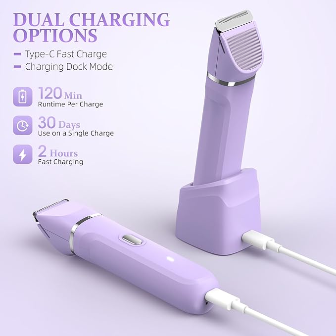 5-in-1 Bikini Trimmer for Women, IPX7 Waterproof Electric Razors Shaver, Cordless Body Hair Trimmer, Facial & Pubic Hair Removal, Ceramic Blade (Purple)