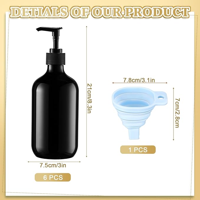 Sliner 6 Pcs Shampoo and Conditioner Dispenser Bottles 16.9 oz Plastic Shower Bottles with Pump and 1 Silicone Funnel Reusable Hand Soap Containers for Bathroom Shower(Black)
