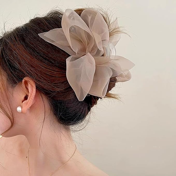 RUIYDZ Hair Clip, Light Coffee Chiffon Bowknot Hair Claw Clips for Thick Hair, Large Claw Clips for Women, Elegant Hairclips, Hair Accessories, Hair Clips for Girls