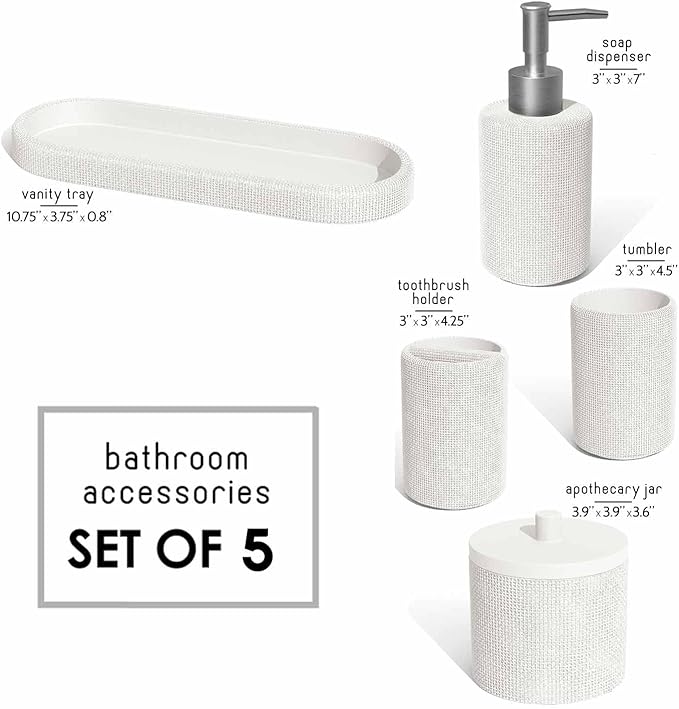 Clara Clark Bathroom Set - White Bathroom Accessories Set, 5PC Bathroom Accessory Set, Bathroom Sets with Soap Dispenser, Toothbrush Holder, Tumbler, Cotton Swab Jar & Vanity Tray