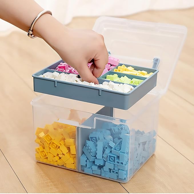 Clear Small Plastic Storage Box with Handle & A Removable Tray & Adjustable Divider, Kids Students Children Art Box, Desk Organiser Case, Medicine Storage Box (Clear & Ocean Blue)