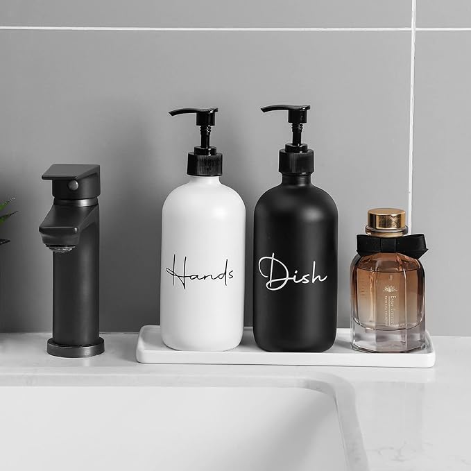 17 oz Hand Soap Dispenser Glass Liquid Dish Soap Bottles, Refillable Empty Lotion Pump Bottles for Bathroom Decor, Kitchen Sink, Matte Design, Black + White, Pack of 2