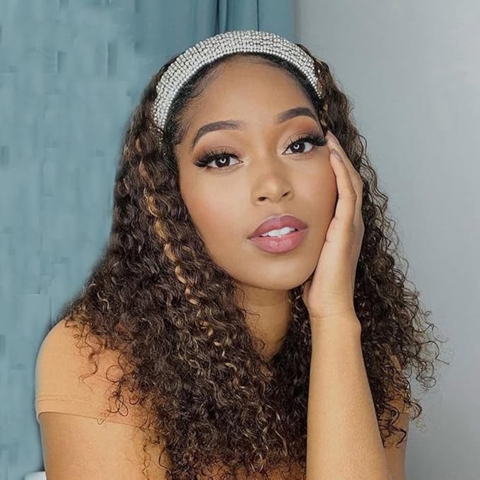 XSY Deep Wave Headband Wig Human Hair Ombre Highlight 4/27# Curly Headband Wig Glueless Brazilian Virgin Human Hair Wigs for Black Women 150% Density 12 Inch