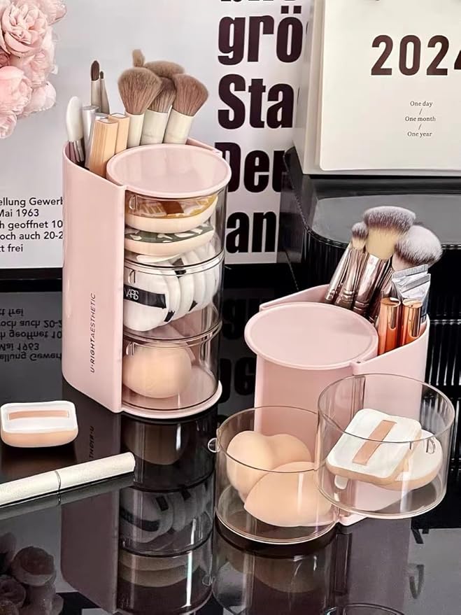 gugululu 3-Layer Clear Hair Accessories Organizer with Hair Brushes Holder, Rotatable Storage Box Desktop Organizer Case for Makeup Brushes, Cotton Swab, Beauty Sponge, Powder Puff (Pink)