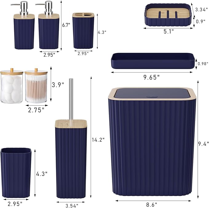 Bathroom Accessories Set - Elegant Blue Bathroom Set, 10PC Bathroom Accessory Set, Toilet Brush, Trash Can, Qtip Holder Dispenser & Soap Dispenser