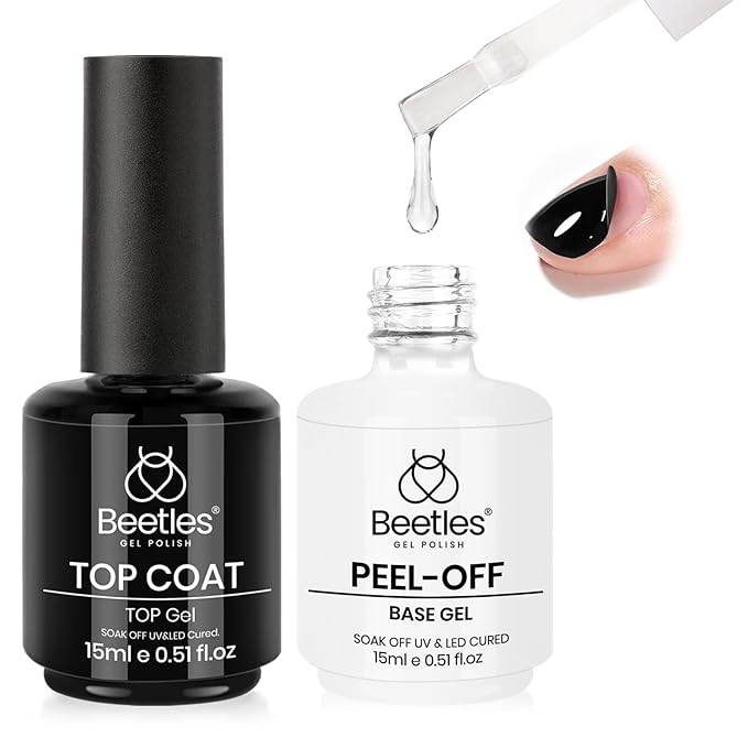 Beetles Peel Off Base Coat and Top Coat Gel Nail Polish Set, 2Pcs 15ml Peelable Base Gel and Top Coat Easy Removal, UV LED Lamp Peel off Nail Polish without Damage for Beginners Weak Thin Nails